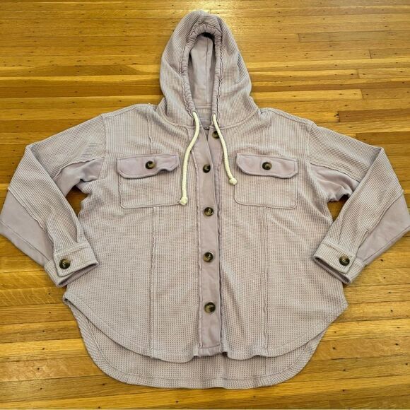 American Eagle light purple waffle knit hooded button down - Picture 1 of 5